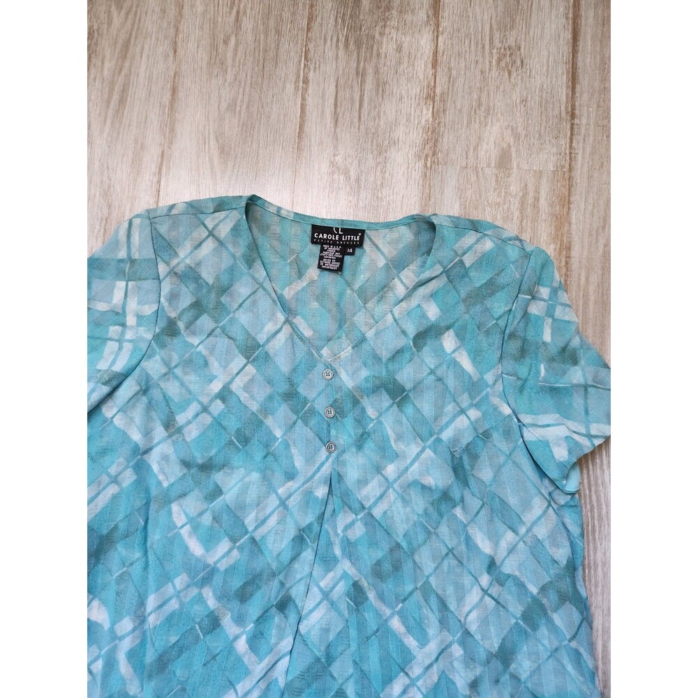 VTG Carole Little Petite Dress 14 Teal Abstract Print Short Sleeve Midi USA EUC - Picture 2 of 11